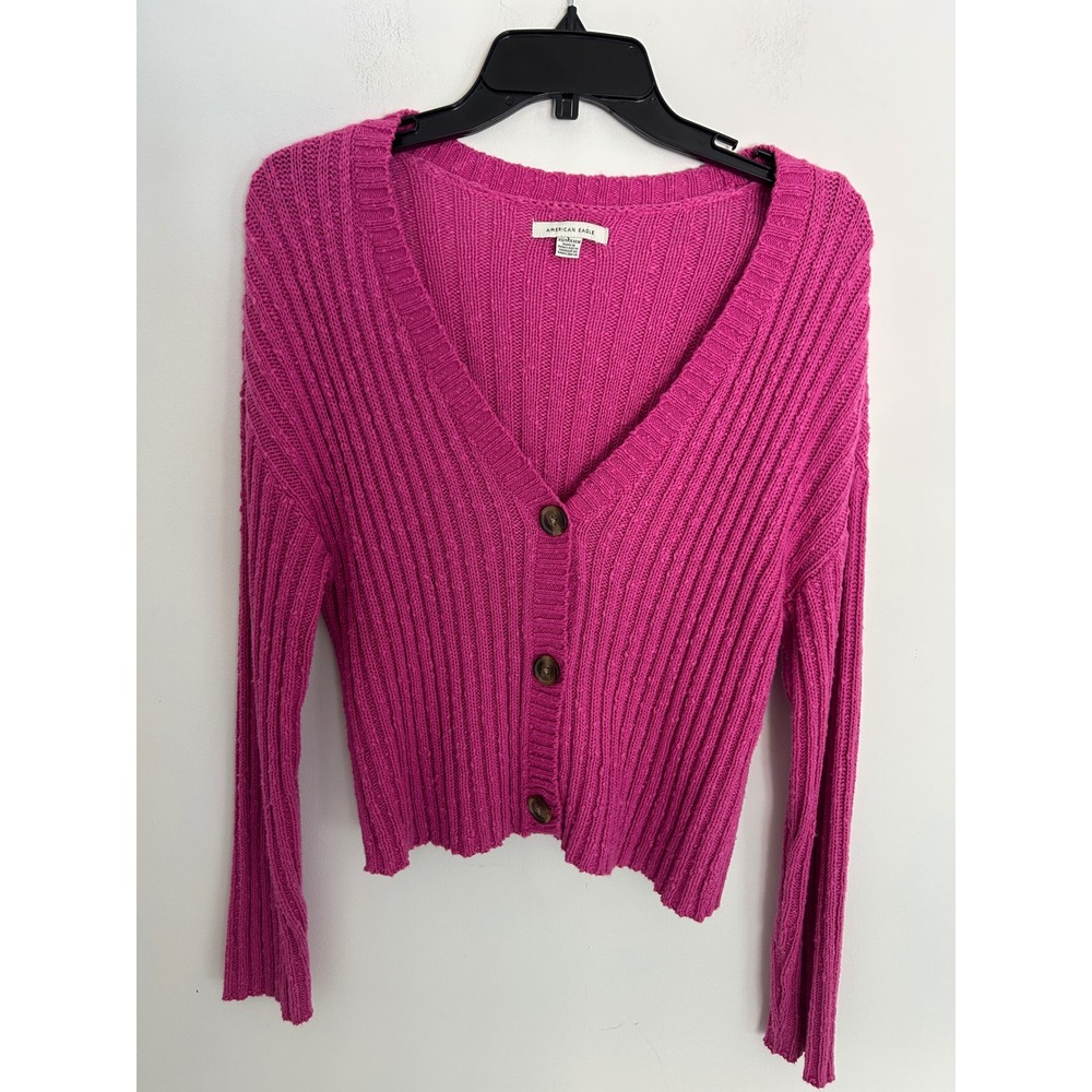 American Eagle Ribbed Knit Cropped Cardigan Sweater Magenta Pink‎ XS